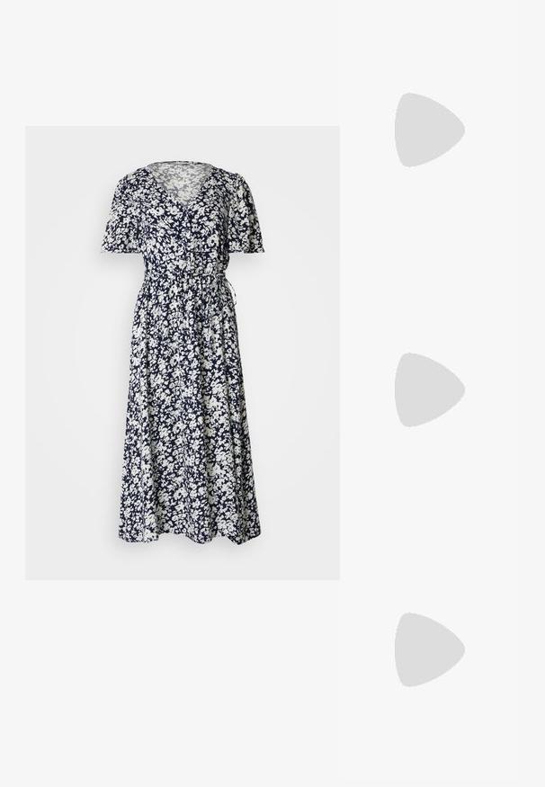 Gėlėtas maxi suknelė tamsiai mėlynos ir baltos spalvos, su trumpomis raukinėmis rankovėmis, V formos iškirpte ir reguliuojamu juosmens dirželiu, užtikrinančiu prigludusią siluetą.; Balti slingback kulniukai su smailiu pirštu, lygia viršutine medžiaga, žemu blokuotu kulnu ir šoniniu išpjovimu su reguliuojamu sagtimi.; Apskriti saulės akiniai su tamsiais objektyvais ir auksiniais rėmeliais. Modelis vilki šviesiai mėlyną, raukinį kardiganą su mygtukais ir kontrastingomis baltomis rankovėmis.; Michael Kors rankinė smėlio spalvos dengto kanvoje su pakartotiniu MK logotipo raštu, auksinėmis detalėmis ir nuimamu grandininiu dirželiu.