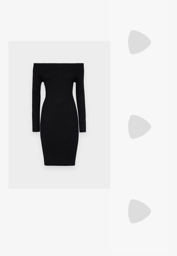 Svart, ribbet, off-the-shoulder strikket kjole med lange ermer og en tettsittende silhuett, som når midt på låret i lengden.; Sorte plattformhelter med spiss tå og justerbar ankelrem. Laget av glatt lær, med en robust blokkhel.; Svart lærveske med en buet form, avtagbar stropp og gullbeslag. Vesken har et klaff med spenne-detall.; Gullfargede øredobber med teksturerte, bølgete former. Inkluderer skulpturelle klipsstuds og åpen hoop-design med en hamret finish.