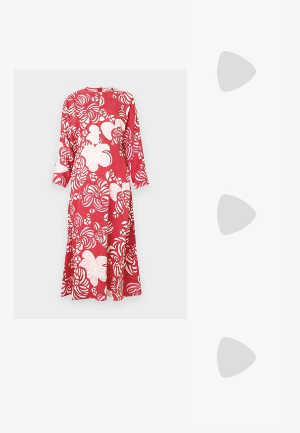 Red dress with long sleeves, featuring a swirl pattern in white. Made of smooth fabric, it has a rounded neckline and a back zipper.; Black patent leather slingback pump with a pointed toe, small heel, and a cutout design on the vamp. Gold-tone hardware accent on the side.; Black leather handbag with a structured design, featuring a cropped shape, top handle, and gold hardware accent. Adjustable shoulder strap included.; Silver hoop earrings with a smooth, curved design. Features a shiny metallic finish and stud closure. No visible patterns or accents.