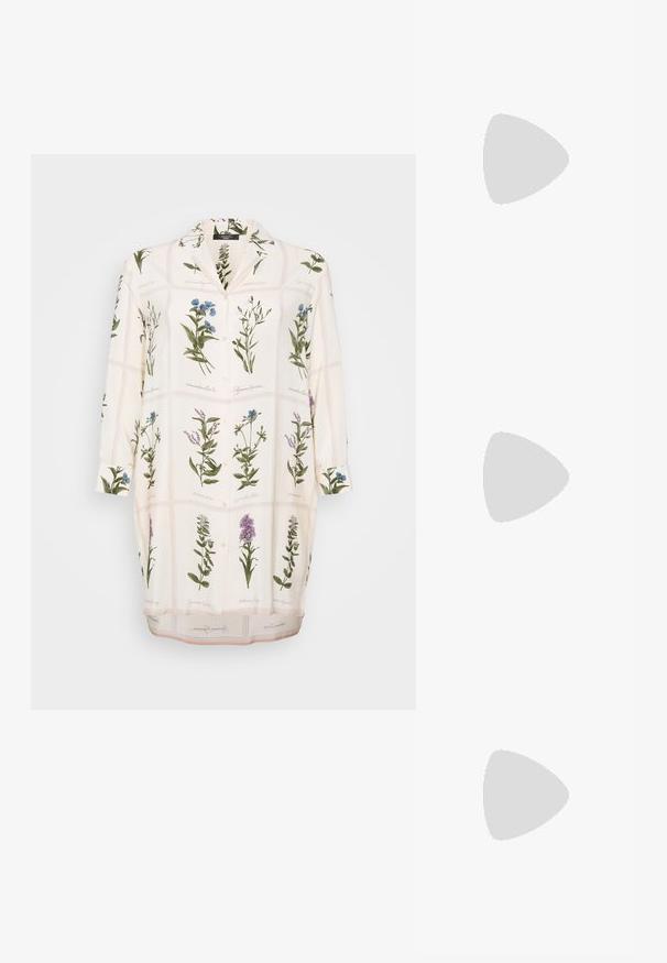 Blouse blanche ornée d'un imprimé botanique avec des fleurs vertes et bleues, fermeture à boutons, col et manches longues. Tissu lisse avec une texture légère.; Mocassin en cuir noir avec un bout arrondi, présentant un détail en nœud décoratif et une semelle en caoutchouc texturée pour l'adhérence. Design simple et plat.; Pochette en cuir noir avec un emblème en or de Méduse, fermeture éclair et une bandoulière détachable, présentant une texture lisse et une forme rectangulaire.; Boucles d'oreilles sphériques de couleur dorée avec une surface lisse et réfléchissante. Le design est simple et épuré, créant un look moderne et minimaliste.