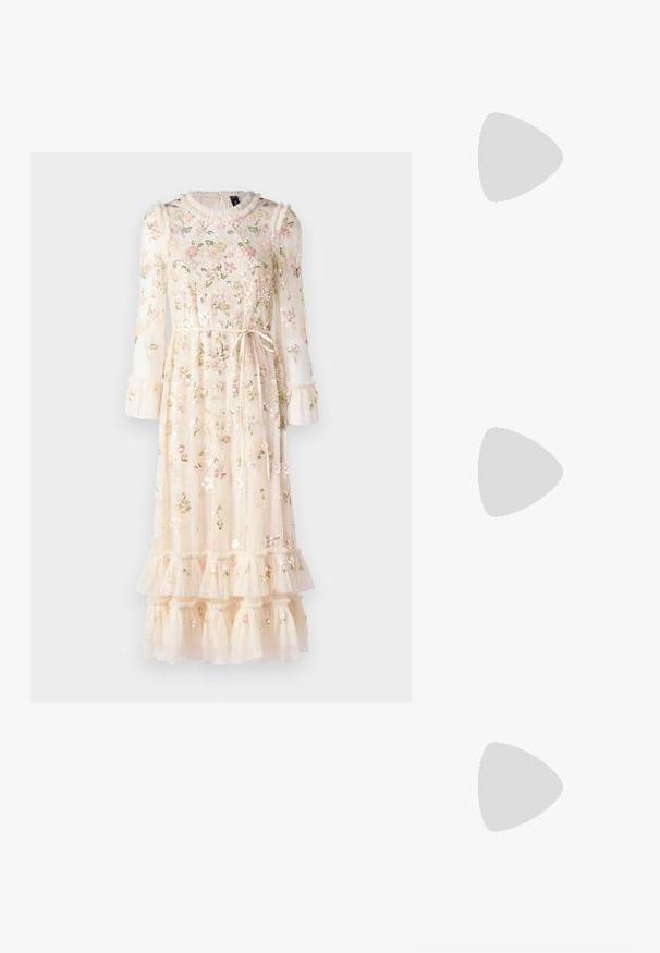 Needle & Thread SEQUIN BLOOM GLOSS BALLERINA DRESS - Kokteiļkleita/ballīšu kleita - cream; Melnas ādas šlipsveida kurpes ar norādītu purngalu, dekoratīvām joslām ar metāla acīm un zemu bloku papēdi. Teksturēta virsma.; Austu sarkano vīna krāsas ādas somu ar divām īsām rokturiem un noņemamu plecu siksnu. Iezīmējas ar strukturētu formu un gludu tekstūru.; Maria Black TRYVANN EAR CUFF - Viens auskars - silver coloured