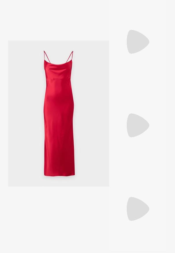 HUGO KAPARTI - Koktel haljina / svečana haljina - medium red; ALDO CRERIDE PILLOW WALK - Sandale - beige; Crna kožna clutch torbica s preklopom i zlatnim metalnim detaljem kopče. Uključuje crnu trakicu i elegantan, minimalistički dizajn.; Zlatne kružne naušnice s glatkom, sjajnom završnom obradom. Kružni dizajn s malom potporom i prozirnom podlogom za sigurno nošenje.