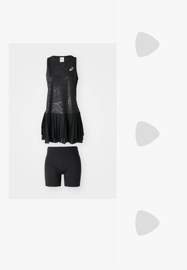 ASICS MATCH CAPSULE DRESS SET - Jurken - performance black; Witte sportieve schoenen met een gestructureerde mesh bovenkant, een comfortabele zool en subtiele grijze accenten. Inclusief branding en een lus aan de hiel voor eenvoudig aan- en uittrekken.; Zwarte nylon tas met twee stevige handvatten en ritsluiting. Bevat een opvallend wit Nike swoosh-logo in een horizontaal gestreept design.; Zwarte vingerloze handschoenen van rekbaar materiaal, met een open palmontwerp, gripaccenten en het Nike-logo in het wit.