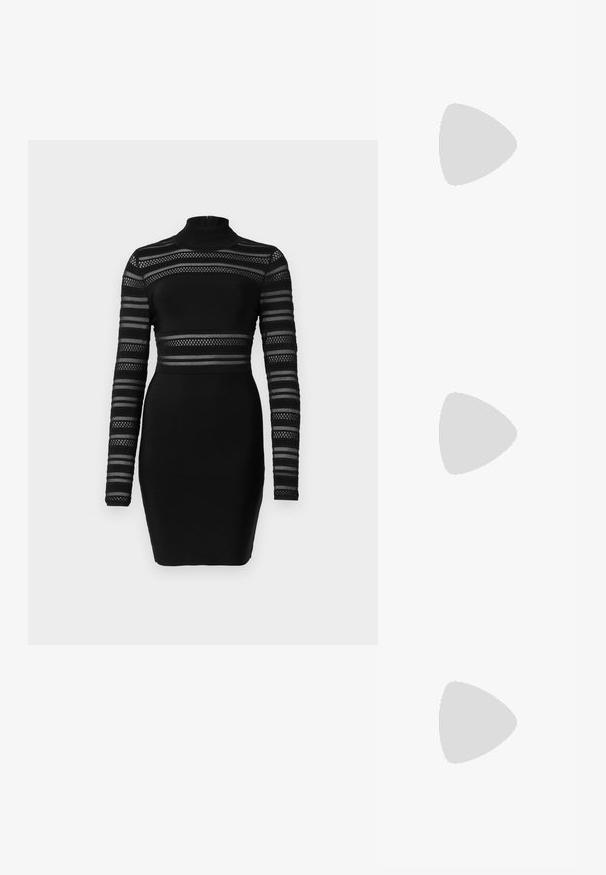 Svarte kjole med lange ermer som har gjennomskinnelige horisontale striper og høy hals. Designet med en tettsittende silhuett og teksturert stoff.; Svart skinn slingback-sko med spiss tå, slank hæl og gullfarget detalj på vampen. Glatt tekstur og strukturert design.; Svart skinnhåndveske med teksturert finish, vinklet form, doble håndtak og justerbar skulderrem. Har et DKNY-logo som detaljer.; Sølvmetalløreringer med en glatt, skinnende overflate og et strukturert, rundet design. Har en hengslet lås for sikker bruk.