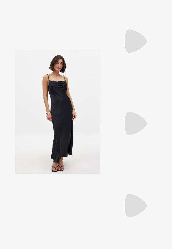 Musta satiininen spagettiolkaiminen mekko, jossa on laskostettu pääntie, virkeä siluetti ja sivuvekki, käytetty mustien flip-floppien kanssa.; Musta korkeakorkoinen korkokenkä teräväkärkisellä, hienostuneella satiinipinnalla ja stiletto-korkealla. Suunniteltu hienovaraisella leikkuulla sivussa.; Mustat aurinkolasit, joissa on pyöreät linssit, kiiltävä muovikehys ja kullanvärinen "QUAY"-logo sivussa. Varustettu tummilla tummennetuilla linsseillä.; Mustassa nahkabagissa on kerrostettu yläosa, kaksi olkahihnaa, kullanvärinen metalliosuus ja keskellä pyöreä yksityiskohta. Pehmeä pinta ja kompakti muoto.