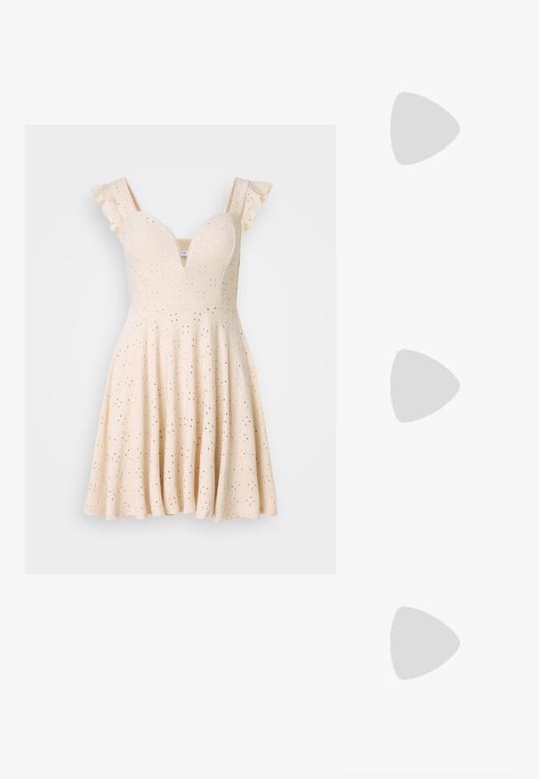 Light beige dress with a plunging V-neckline, ruffled straps, and eyelet pattern. Flows into a flared skirt. Made of textured fabric.; Black high-heeled sandals feature thin straps with a knotted design, a smooth square toe, and a sleek stiletto heel.; Light gray metallic handbag featuring a chain strap, embellished with small circular metallic studs and a triangular brand logo.; Silver hoop earrings with a smooth, shiny finish. Rounded shape, lightweight design, featuring a post-back closure.
