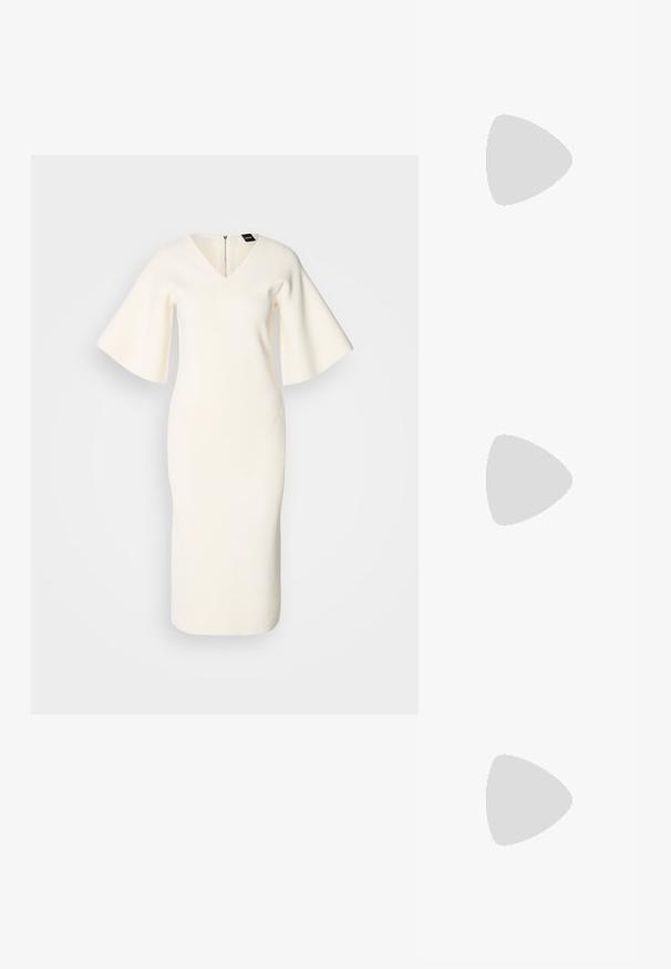 White knit dress with V-neckline, flared short sleeves, fitted silhouette, and back zipper detail. Smooth texture and knee-length cut.; Pointed-toe slingback shoe in off-white leather, featuring a low heel and cut-out design with a smooth texture and minimal accents.; Black leather handbag with a structured design, featuring a cropped shape, top handle, and gold hardware accent. Adjustable shoulder strap included.; Silver metal earrings featuring rounded shapes, with a polished finish and subtle engravings of the brand "BOSS" on the lower sections.