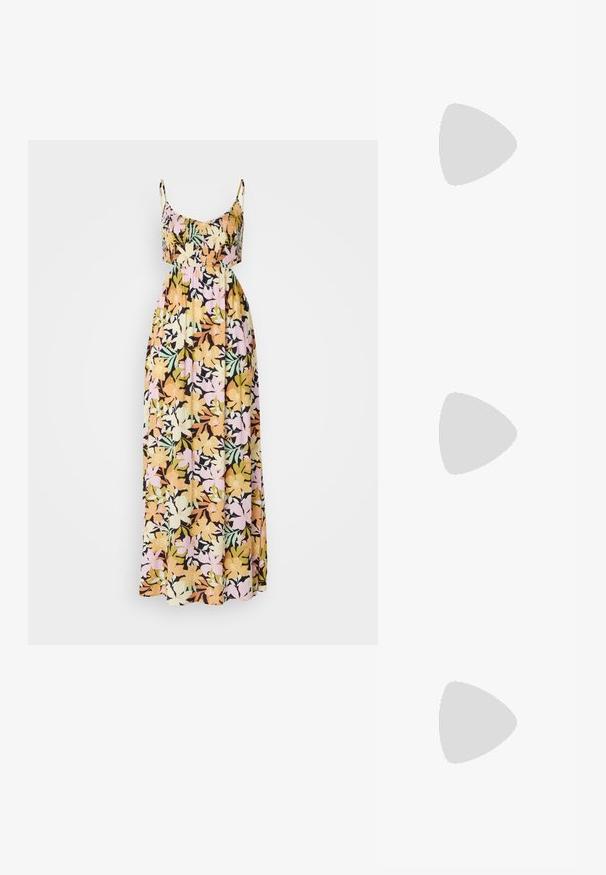 Blomstret maxikjole med tynde stropper; har en sort bund med flerfarvede blomster i gul, pink og grøn. Blødt, flydende stof.; Lyserøde slingback flade sko med spidse tær, lavet af et glat læderlignende materiale. Har udskæringsdetaljer på siderne og en flad hæl.; Beige oversized solbriller med en klar ramme og brune tonede linser, med subtile blomstermotiver og et dristigt, geometrisk design.; Hvid syntetisk håndtaske med en trekantet form, flad forsideklap og sløjfedetalje, justerbar strop, glat tekstur og minimalistisk design.