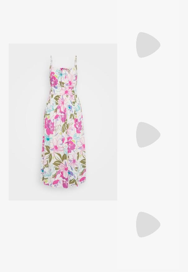 Florales Maxikleid mit dünnen Trägern, mit leuchtend pinken, blauen und grünen Blumen auf weißem Hintergrund, geraffter Taille und luftiger Stoff.; Weiße flache Schuhe mit einer spitzen Zehe, verziert mit silbernen Nieten, verfügen über einen Schnallenriemen über dem Spann und eine hellbraune Sohle.; Gelbe gewebte Clutch-Geldbörse mit Klappen-Design, abnehmbarem Handgelenkriemen und goldener Kettenakzent. Glatte Textur und rechteckige Form.; Silberne Creolen mit einer glatten, polierten Oberfläche. Runder Form und sicherem Klickverschluss. Leichtes Design, geeignet für den täglichen Gebrauch.