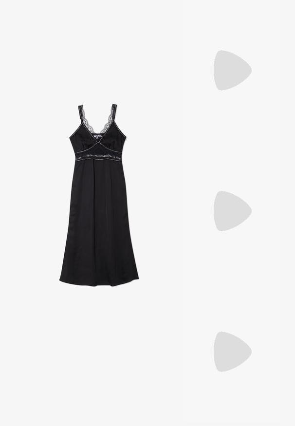 Never Fully Dressed MIMI DRESS STUD TRIM - Cocktailklänning - black; Svarta patentläder slingback-klackar med spetsig tå och en liten blockklack, med en silvrig spänneaccent på remmen.; Svart läderhandväska med en böjd form, avtagbar rem och guldiga detaljer. Väskan har ett lock med en spänndetalj.; Ring i guldutförande med en organisk, vriden design, slät yta och avsmalnande ändar, vilket ger ett modernt, skulpturalt utseende.