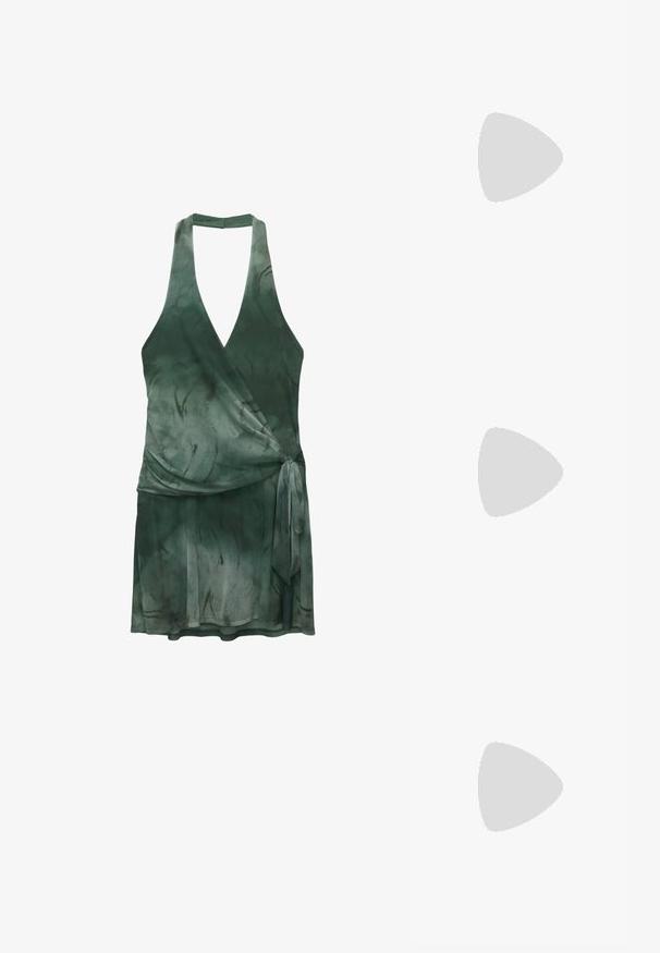 Wrap dress made of lightweight fabric in deep green, featuring a v-neck, halter design, tie detail at the waist, and a flowing silhouette.; White heeled sandals with thin straps, square toe, and a 5 cm stiletto heel. Features an adjustable ankle strap with a metallic buckle.; Black sunglasses with gradient lenses, square shape, and a textured black-and-white patterned temple. Features a silver logo accent.; Black sequin mini handbag with a knotted textured strap and silver chain. Rounded shape with gathered top and reflective detailing.
