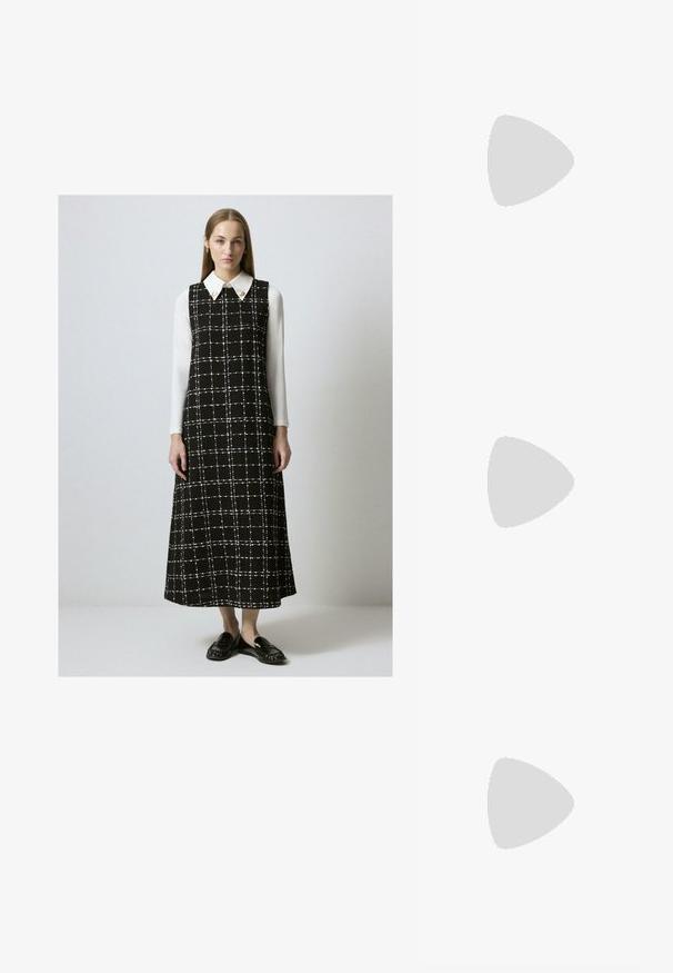 Femeie îmbrăcată cu o rochiță fără mâneci, în carouri alb-negru, peste o cămașă albă cu mâneci lungi, combinată cu mocasini negri, stând pe un fundal simplu.; Încălțăminte sportivă alb-negru cu un design elegant, talpă din cauciuc, închidere cu sireturi și trei dungi albe pe laterale.; Ochelari de soare din plastic negru cu lentile verzi, rame pătrate, accent argintiu pe sprânceană și brațe texturate. Marca este menționată pe brațul interior.; Geantă dintr-un material textil negru, cu un model texturat și matlasat. Formă rotundă, mânere scurte și groase, și o structură moale, flexibilă.