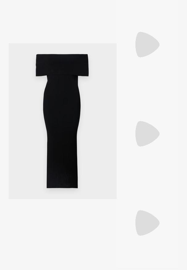 Schwarzes, tailliertes Off-Shoulder-Kleid aus dehnbarem Stoff. Bodenlanges Design mit angenehmer Textur und minimalen Details.; Schwarze Lack-Slingback-Pumps mit spitzem Zehenbereich, versehen mit strukturiertem Schlangenprint, verstellbarem Riemen und einem kurzen, strukturierten Blockabsatz.; Schwarze Leder-Umhängetasche mit zwei vorderen Taschen, goldenen Schnallen, Reißverschluss und einem schmalen Tragegurt. Texturierte Oberfläche und kompakte rechteckige Form.; Goldfarbene Metall-Hoops mit einer geschwungenen, länglichen Form. Sie verfügen über eine glatte, glänzende Oberfläche und eine abgerundete Spitze für zusätzliche Details.