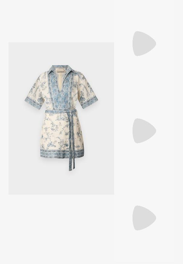 Short cotton dress with a collared neckline, blue floral print, and tie belt. Features short sleeves and a textured border design.; Black leather ballet flat with a rounded toe, smooth texture, minimal stitching detail, and a flexible sole design.; Black leather half-moon bag with a gold hardware accent, featuring a zip closure. Worn crossbody over a gray sweater.; Gold-tone knot stud earrings with a twisted design. Each earring features a circular clear backing for secure wear.