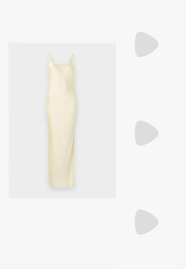 Rochie galbenă din satin cu o siluetă dreaptă, bretele subțiri și o fanta pe lateral pentru ușurința mișcării. Textură netedă și design minimalist.; Sandală aurie metalică cu toc înalt, curea la gleznă, două benzi înguste în față și toc pătrat. Are embellishments decorative.; Ochelari în nuanță de țestoasă maro, cu lentile ovale, brațe subțiri și accente transparente. Prezintă un logo subtil pe tâmplă. Design elegant și ușor.; Geantă din paie împletit în nuanțe bej, cu o formă curbată, un mâner scurt și un fermoar pe lateral. Prezintă o suprafață texturată și un design minimalist.