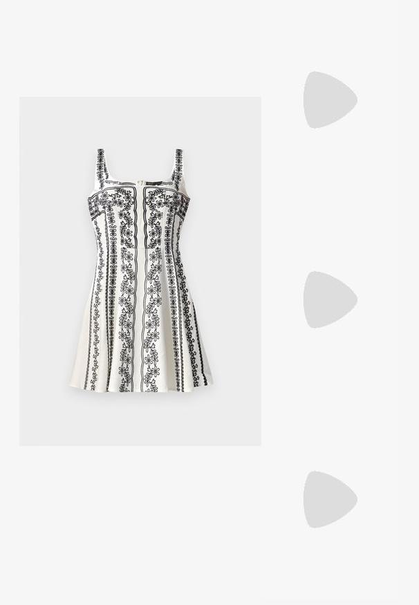 Black and white sleeveless dress featuring intricate floral embroidery, a fitted bodice, and a flared skirt. Textured fabric with a zipper.; Black patent leather flat shoe with a squared toe, ankle strap featuring silver hardware, and flat sole. Smooth texture with minimalist design.; Black leather handbag with fringe details, gold chain shoulder strap, and a cut-out handle. Features logo placement on the front.; Gold-tone earrings with multiple cascading chains, featuring clear oval rhinestone accents and decorative stud tops.