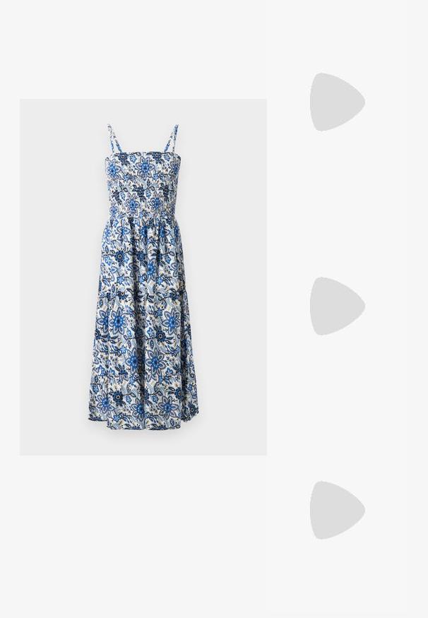 Blue and white floral midi dress with thin straps. Features smocked bodice and flowing skirt with intricate botanical pattern.; White cotton t-shirt featuring a large, bright red lobster graphic on the front. Short sleeves and standard crew neck design.; White high-top canvas sneaker with black rubber sole, front rubber toe cap, and six eyelets for laces, featuring a clean, minimalist design.; Red leather handbag with an angular, geometric design. Features a single adjustable strap and a flap closure with stitched detailing.