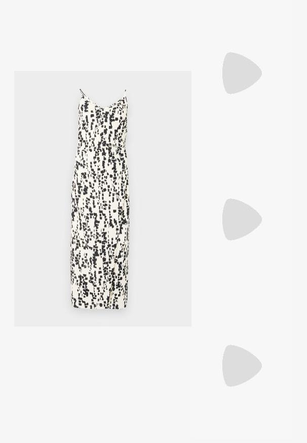 Mouwloze jurk in een crèmekleur met een zwart abstract patroon, met een aansluitende taille, rechte snit en een middellange zoom.; Witte korte mouwen t-shirt van ribstof. Ronde halslijn, normale pasvorm en subtiele stiksels. Geen patronen of grafische elementen.; Zwarte leren ballerina met een ronde neus, gladde textuur, minimale stikdetails en een flexibele zoolontwerp.; Bruine leren handtas met een klep sluiting, gouden hardware, een schouderband en een gladde textuur. Compact rechthoekige vorm.