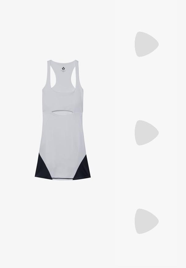 Vestido deportivo blanco con detalles recortados, diseño de espalda nadadora y acentos de malla negra en el dobladillo. Hecho de material elástico y ligero.; Zapatilla deportiva rosa con parte superior de malla texturizada y sintética, suela de goma gruesa y diseño curvado en los paneles laterales. Cerra de cordones.; Gafas de sol negras con una elegante montura rectangular y lentes azules. Presentan una textura suave y varillas resistentes. Logo de la marca en el costado.; Bolso bandolera de pana negra con correa ajustable, que cuenta con bolsillos frontales y una textura suave. Diseño compacto con detalles mínimos.