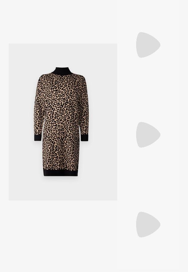 Megztas leopardo raštas suknelė ruda ir juoda, pasižyminti aukštu kaklu, ilgomis rankovėmis ir gygumo elastiniais kraštais. Plataus silueto.; Juodos odinės kulkšnės botai su masyviu, dantytu padu, raištelių užsegimu priekyje ir kilpeliu ant sklandaus balto fono.; Juodos saulės akiniai su kampuota katės akių forma. Sidabriniai veidrodiniai lęšiai. Ploni, lengvi plastikiniai rėmeliai su subtiliu ženklinimu ant šventyklų.; Sidabrinės auskarai žiedai su lygiu, blizgiu paviršiumi. Suapvalinta forma, lengvas dizainas, su uždarymu ant smeigtuko.