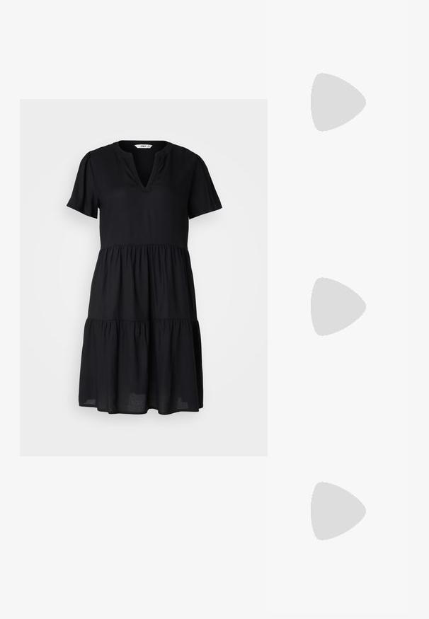 ONLY ONLZALLY LIFE THEA NOOS PTM - Rochie de zi - black; Cămașă cu nasturi, fabricată dintr-un material ușor, cu dungi verticale albastre și albe, guler structurat și detaliu plisat în partea din față.; Shoe sportiv alb cu parte superioară din plasă, accente bleumarin și talpă amortizată. Are logo-ul "N", șireturi și detalii texturate pe lateral.; Geantă din piele neagră, cu mânere împletite, buzunar cu fermoar și ciucuri suspendați. Suprafață texturată cu capse metalice și accente din metal.