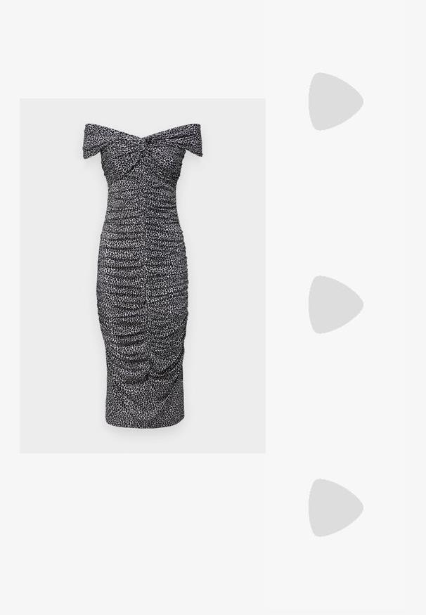 MICHAEL Michael Kors TWIST OFF SHOULDER MIDI DRESS - Rochie de zi - aluminum; Pantofi cu toc slingback negri din patent, cu vârf ascuțit, cu imprimeu de șarpe texturat, curea ajustabilă și toc scurt texturat.; Geantă neagră din piele, tip crossbody, cu două buzunare frontale, catarame aurii, închidere cu fermoar și o curea subțire. Suprafață texturată și formă rectangulară compactă.; Cercei din metal auriu, cu un design curbat și alungit. Au o suprafață netedă și strălucitoare, cu un vârf rotunjit pentru un detaliu suplimentar.