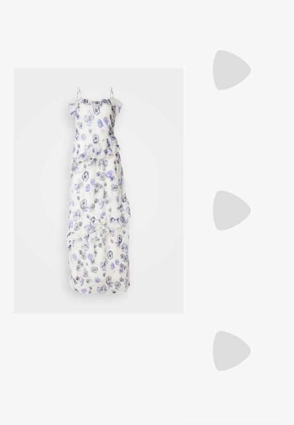 Lang, gjennomsiktig kjole med blomsterdesign i nyanser av blått og grått. Har volanglag og delikate spaghettistropper. Hvit bakgrunn.; Svart høye hælsandaler har tynne stropper med en knyttet design, en glatt firkantet tå og en elegant stiletto-hæl.; Lys grå metallisk håndveske med kjedehank, dekorert med små sirkulære metalliske nagler og en triangel merkevarelogo.; Sølvmetalløreringer med en jevn, dråpeform og en polert finish. Subtile graveringer legger til detaljer. Minimalistisk design.