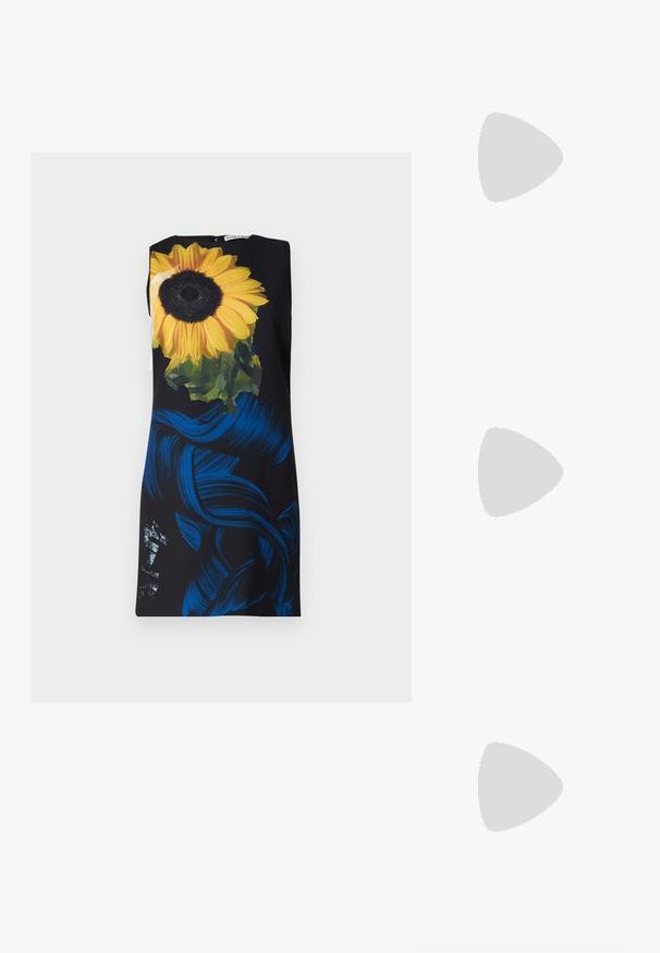 Sleeveless dress with a black background featuring a large sunflower print and blue brushstroke patterns; smooth fabric texture.; White long-sleeve dress shirt made of cotton. Features a button-down front, pointed collar, and a chest pocket on the left side.; Black leather ballet flat with a rounded toe, smooth texture, minimal stitching detail, and a flexible sole design.; Black leather handbag with a curved shape, featuring a decorative design on the front, a short strap, and gold-tone hardware accents.