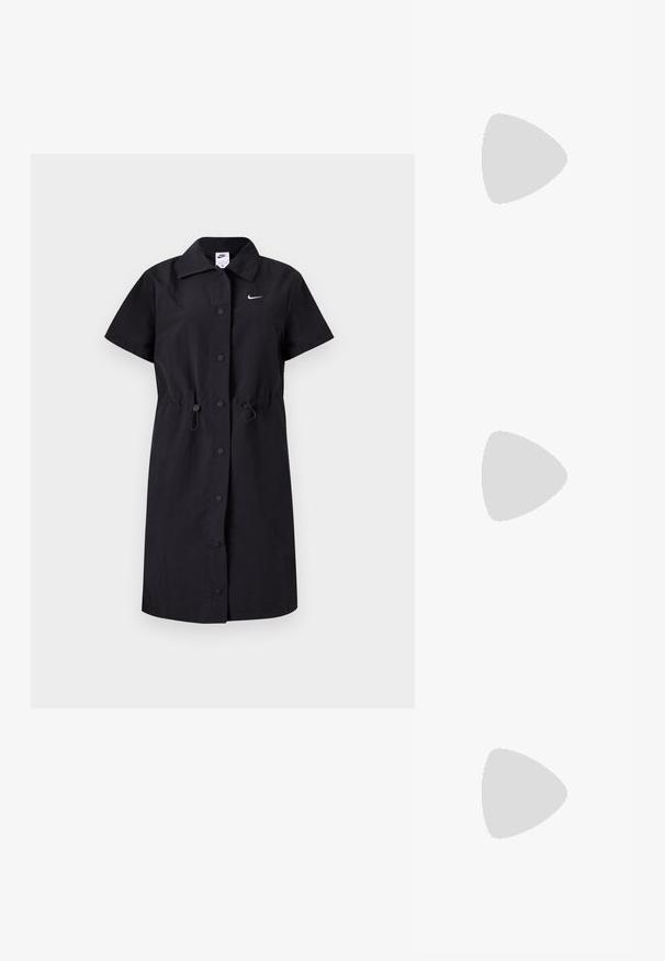 Black button-up dress with a collared neck, short sleeves, elastic waist details, and a small white logo on the left chest.; White leather sneakers with a thick white sole, black suede heel accent, and embossed logo on the side. Laced design with six eyelets.; Calvin Klein Jeans Sunglasses - black crystal; Calvin Klein HOOPS - Earrings - silver-coloured