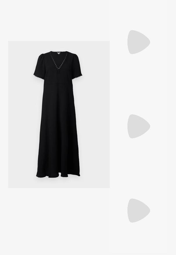 Black maxi dress with a V-neckline and short puff sleeves. Features textured fabric, lace trim along the neckline, and a flowing silhouette.; Pointed-toe high heel shoe with a silver, gold, and nude color scheme. Glossy finish with cutout design, featuring a stiletto heel.; Silver metallic pouch bag with a soft, rounded shape and a knotted top closure. Made from smooth faux leather material.; Silver hoop earrings with a twisted design, featuring a polished finish and post-back closure. Measure approximately 3 cm in diameter.