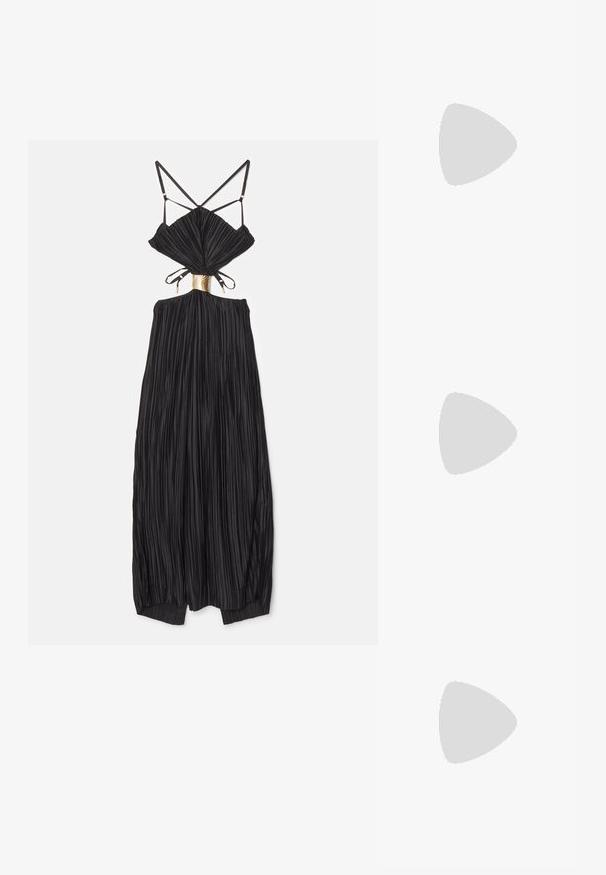 Cult Gaia MITRA SLEEVELESS GOWN - Occasion wear - black; Black patent slingback heel with a pointed toe, featuring textured snake print, adjustable strap, and a short, textured block heel.; Black leather crossbody bag with two front pockets, gold buckles, zipper closure, and a slim strap. Textured surface and compact rectangular shape.; Gold-tone earrings featuring a rectangular, clear crystal dangling below a row of small, round clear accents. Sleek, modern design.