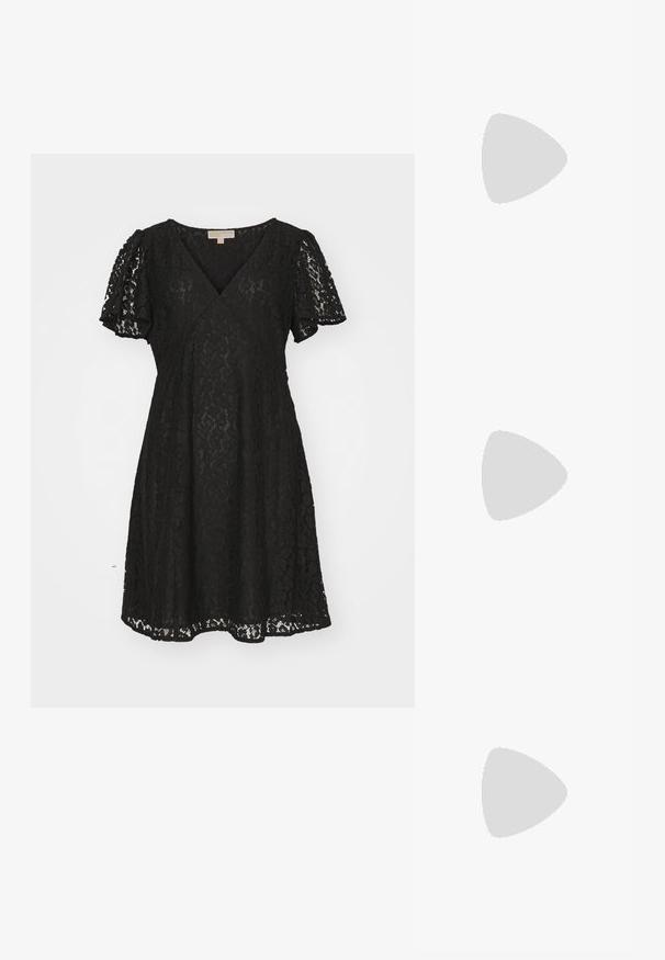 Schwarzes Spitzenkleid mit kurzen Puffärmeln, V-Ausschnitt und ausgestellter Form. Verfügt über ein filigranes Spitzenmuster und einen gewellten Saum.; Schwarze Lack-Slingback-Pumps mit spitzem Zehenbereich, versehen mit strukturiertem Schlangenprint, verstellbarem Riemen und einem kurzen, strukturierten Blockabsatz.; Schwarze Leder-Umhängetasche mit zwei vorderen Taschen, goldenen Schnallen, Reißverschluss und einem schmalen Tragegurt. Texturierte Oberfläche und kompakte rechteckige Form.; Goldfarbene Metall-Hoops mit einer geschwungenen, länglichen Form. Sie verfügen über eine glatte, glänzende Oberfläche und eine abgerundete Spitze für zusätzliche Details.