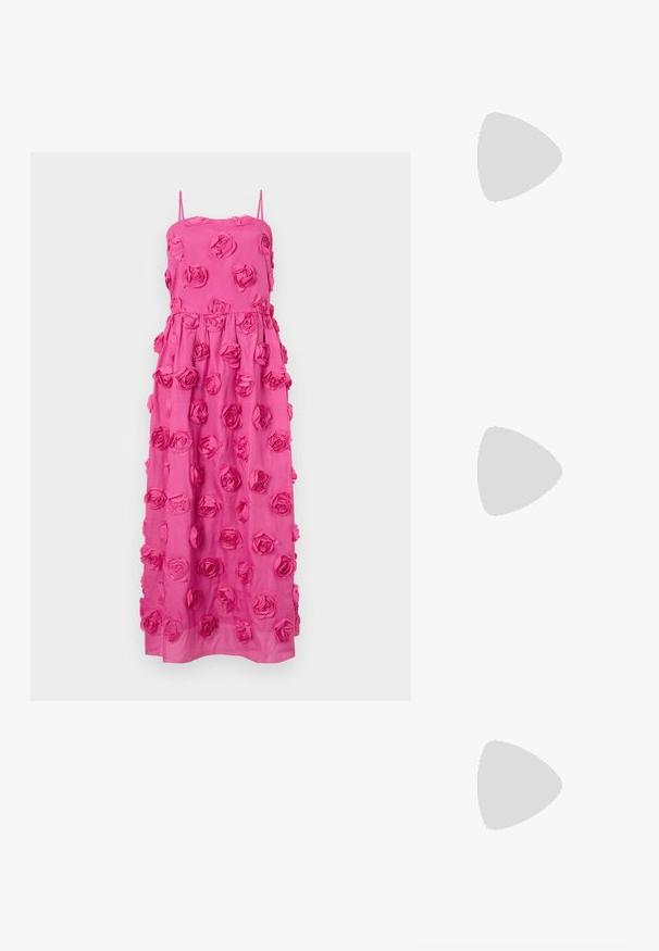 Pink maxi dress with spaghetti straps, featuring three-dimensional rose appliqués on the fabric and a flowy silhouette.; Even&Odd by Zalando High heeled sandals - white; Even&Odd by Zalando Handbag - off-white; Pilgrim Earrings - gold plated