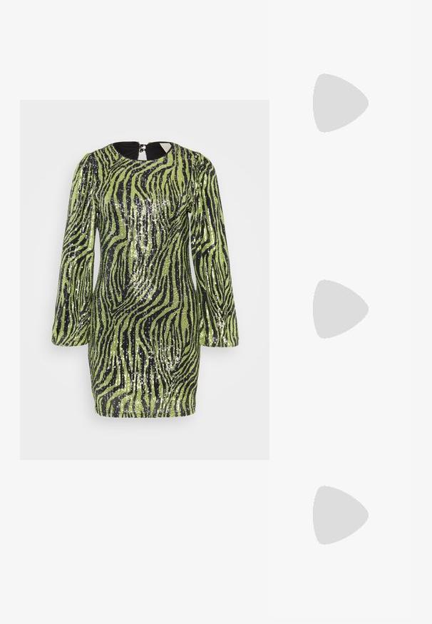 Minimalna obleka s sequinom v limetno zeleni barvi z črnimi zebrovimi črtami. Ima dolge rokave, zaobljen ovratnik in zadrgo na hrbtni strani.; Črne lakirane slingback pete s koničastim nosom in geometrijsko blokasto peto. Imajo eleganten, minimalističen dizajn in gladko teksturo.; Črna usnjena torbica s ukrivljeno obliko, z odstranljivo naramnico in zlatimi dodatki. Torbica ima pokrov s podrobnostmi v obliki zaponke.; Srebrn dvojni prstan z gladko, polirano površino. Ima tekoč, ukrivljen dizajn z prekrivajočimi se sekcijami za sodoben videz.