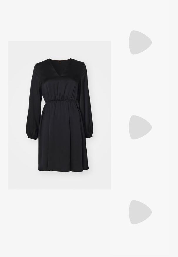 Black satin dress with a V-neckline, long puff sleeves, and a cinched waist. Smooth texture, flowing design, knee-length hem.; Black leather pump with a pointed toe, low kitten heel, smooth texture, and a subtle gold accent at the heel base.; Black beaded handbag with a structured shape, rounded handle, and woven texture. The surface features evenly spaced, glossy beads throughout.; Silver metal hoop earrings with a smooth, shiny surface and a structured, rounded design. Features a hinged clasp for secure wear.