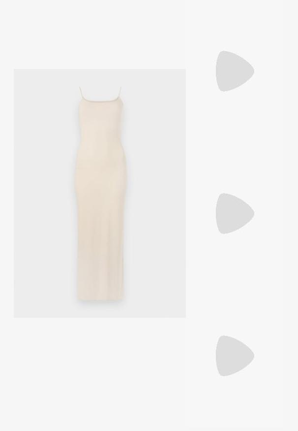 Beige satin maxi dress with thin spaghetti straps, fitted bodice, and a straight silhouette falling to the ankle. Smooth texture, minimal design.; Brown leather ankle boot with a square toe, textured finish, and a low stacked heel. Features a rear pull tab and subtle stitching details.; Brown crocodile-embossed leather bag with a cylindrical shape, gold-tone hardware, and a detachable strap featuring studs.; Rabanne XL LINK  DOUBLE HOOP EARRINGS - Earrings - gold-coloured