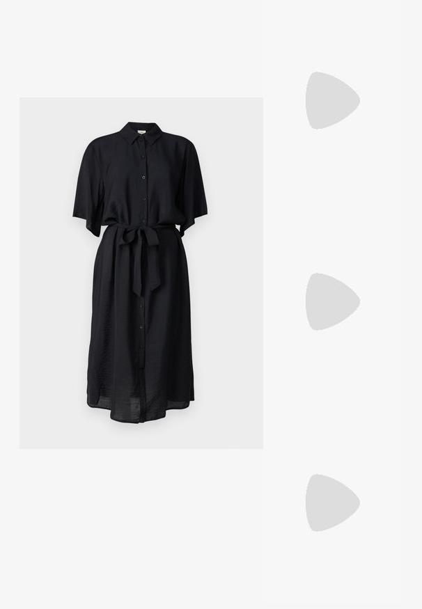 Black button-up shirt dress with short sleeves, cinched waist tie, and a straight silhouette. Made of lightweight fabric with a textured finish.; Black suede heeled sandals with a thin ankle strap, open toe design, and a modest block heel. Smooth texture and minimal accents.; Tortoiseshell sunglasses with oval lenses, brown-tinted, thin arms featuring a textured pattern, lightweight plastic frame.; Black leather shoulder bag with a smooth texture, curved shape, adjustable strap, and a zip closure. Minimalist design without embellishments.