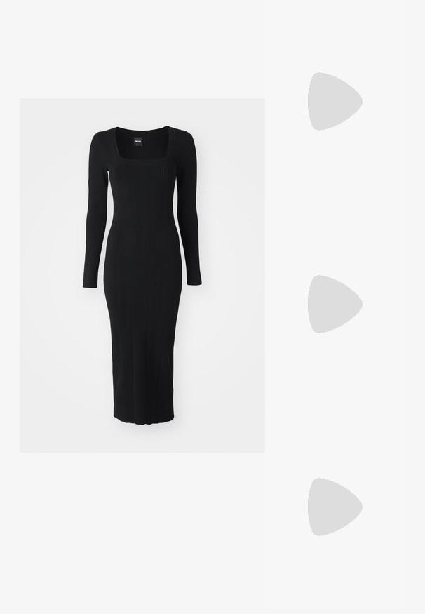 Black long-sleeve dress with a square neckline, ribbed texture, fitted silhouette, and vertical stripes for added detail.; Black leather slingback heels with a pointed toe, featuring a slim heel and a gold-tone accent on the adjustable strap. Smooth texture.; Black leather handbag with a structured design, featuring a cropped shape, top handle, and gold hardware accent. Adjustable shoulder strap included.; Silver metal hoop earrings with a smooth, shiny surface and a structured, rounded design. Features a hinged clasp for secure wear.