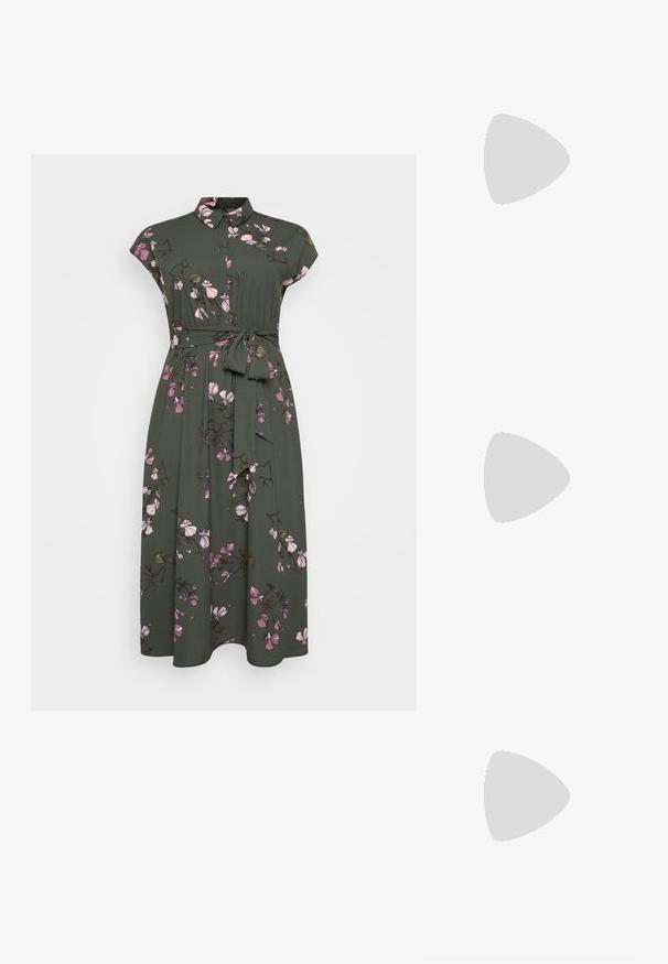 Khaki dress with short sleeves, floral pattern featuring pink flowers and green leaves, collared design, and a tie belt at the waist.; Black patent leather slingback heels with a pointed toe and a geometric block heel. Features a sleek, minimal design and smooth texture.; Black leather handbag with a curved shape, detachable strap, and gold hardware. The bag features a flap with a buckle detail.; Set of 16 silver bangles with various textures, including smooth, twisted, and beaded patterns, arranged in four rows on a white background.