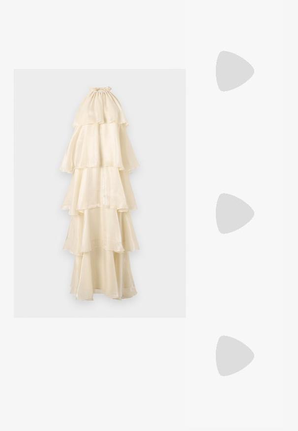 Tiered maxi dress in cream, featuring a soft, glossy fabric. High neckline with gathered detail, cascading layers, and a flowing silhouette.; Black patent leather slingback heels with a pointed toe and a geometric block heel. Features a sleek, minimal design and smooth texture.; Black leather handbag with a curved shape, detachable strap, and gold hardware. The bag features a flap with a buckle detail.; Gold-tone hoop earrings with a smooth, polished finish. Features a half-circle shape and a secure post closure.