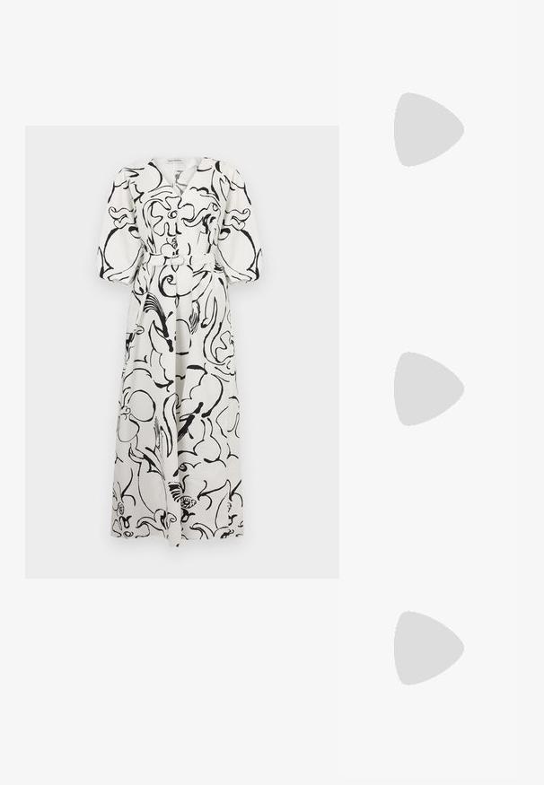 Marimekko KIMPU BALUNS - Maxi dress - off white/black; Black high-heeled sandals feature thin straps with a knotted design, a smooth square toe, and a sleek stiletto heel.; Guess ZALINA FLAP - Clutch - silver coloured; Calvin Klein HOOPS - Earrings - silver-coloured