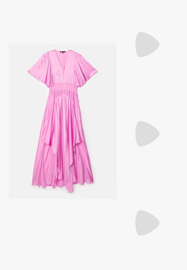 Maje RACHELORA - Maxikjole - rose; Sorte lakkderflat sko med firkantet tå, ankelstropp med sølvfarge detaljer, og flat såle. Glatt tekstur med minimalistisk design.; Svart læderhåndtaske med frynsedetaljer, guldkæde skulderrem og udskåret håndtag. Har logo placeret på forsiden.; Gullfargede øreringer med flere hengende kjeder, med klare ovale rhinestein aksenter og dekorative stud-topper.