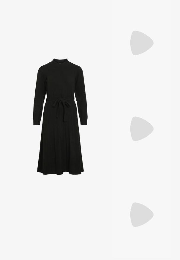 Black knitted dress with a high neckline, long sleeves, and a tie belt at the waist, featuring a flared skirt and ribbed texture.; Black patent leather slingback shoe with pointed toe, ankle straps featuring silver buckles and hardware, and a slender heel.; Gold metallic handbag with a structured design, smooth texture, and adjustable strap. Features a unique triangular shape and minimalist stitching.; Gold-tone earrings featuring textured, wavy shapes. Includes sculptural clip-on studs and open hoop design with a hammered finish.