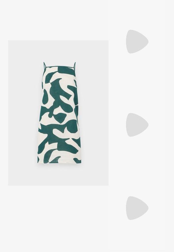 Abito con spalline sottili in crema con motivo camouflage astratto verde. Presenta una linea dritta e un tessuto leggero.; T-shirt bianca in cotone con una grande grafica di aragosta rossa brillante sul davanti. Maniche corte e design con colletto rotondo standard.; Sneaker alta in tela bianca con suola in gomma nera, punta in gomma frontale e sei asole per i lacci, caratterizzata da un design pulito e minimalista.; Borsa a tracolla in pelle rossa con un design angolare e geometrico. Presenta una singola tracolla regolabile e una chiusura a patta con dettagli cuciti.