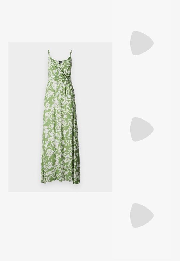 Vero Moda VMMAGGIE SINGLET DRESS - Maksi suknelė - meadow green/white; Sidabriniai ir juodi sportiniai bateliai su tinkline ir sintetiniu viršumi, apimanti dizaino forma ir tekstūruota apdaila. Yra paminkštinta apykaklė ir guminis padas.; Juodos akiniai nuo saulės su stačiakampiais rėmeliais, matinio paviršiaus, tamsiais objektyvais ir šiek tiek lenktomis rankenėlėmis. Diskretiška logotipo detalė ant vienos rankenėlės.; Sidabrinės auskarai žiedai su lygiu, blizgiu paviršiumi. Suapvalinta forma, lengvas dizainas, su uždarymu ant smeigtuko.