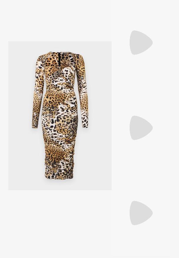 Long-sleeve dress in a leopard print pattern with ruched detailing and a round neckline. Made from a stretchy fabric, featuring a back zipper.; Black patent slingback heel with a pointed toe, featuring textured snake print, adjustable strap, and a short, textured block heel.; Black leather crossbody bag with two front pockets, gold buckles, zipper closure, and a slim strap. Textured surface and compact rectangular shape.; Gold-tone metal hoop earrings with a curved, elongated shape. Features a smooth, shiny surface and a rounded tip for added detail.
