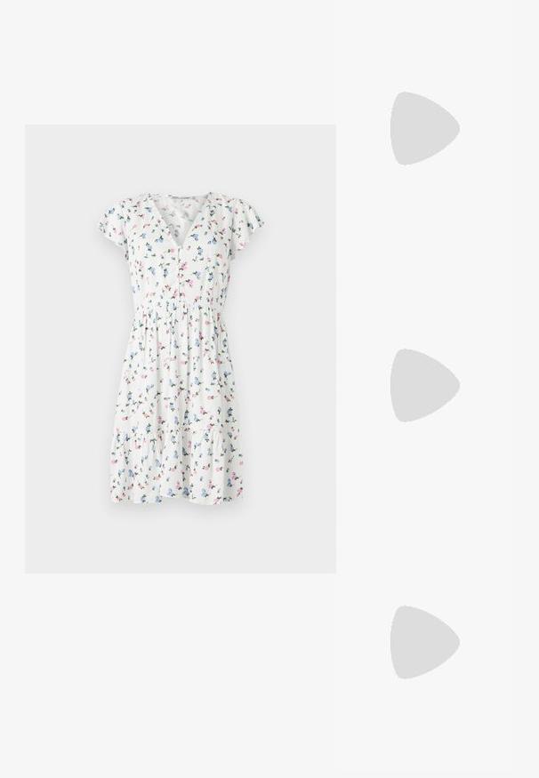 Blomstret kjole med hvitt stoff og fargerike blomsterdesign, korte svake ermer, V-hals og samlet midje.; Gull, metallisk slingback-hæler med spiss tå og chunky hæl. Glatt tekstur, minimalistisk design og en smal stropp.; Svart lærveske med en buet form, avtagbar stropp og gullbeslag. Vesken har et klaff med spenne-detall.; Gullfarget metalløredobber med et elegant, buet design. Har en karakteristisk spiss form, polert overflate og hengsel-lukking.