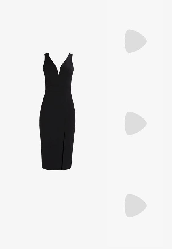 Abito nero senza maniche con scollatura a V profonda, silhouette aderente, lunghezza al ginocchio e uno spacco frontale per un tocco in più. Tessuto di trama liscia.; Décolleté in vernice nera con cinturino dietro, punta affusolata, design con ritagli arrotondati e tacco a blocco. Presenta un accento di fibbia tono oro.; Occhiali da sole neri oversize con lenti sfumate, montatura spessa e dettagli in catena dorata sulle astine.; Borsa a spalla nera in nylon con forma curvata, accentata da una catena argentata, con pochette mini removibile e tracolla regolabile; presenta il logo "Steve Madden".