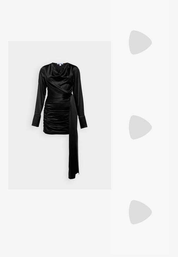 Crna satenska haljina s dugim rukavima, okruglim izrezom, naboranim detaljima i vezanim strukom. Glatka tekstura s elegantnim krojem, ističe obline.; Crni nubuck kaubojski čizme s šiljastim prstom, srednjim okomitim dijelom i detaljima šavova u obliku cik-caka. Imaju nisku, suženu petu.; Gucci Sunčane naočale - burgundy; Crna sintetika torba za rame s zakrivljenim oblikom, teksturiranim završetkom, zlatnim trokutastim logotipom i odvojivim hardverskim naglascima.
