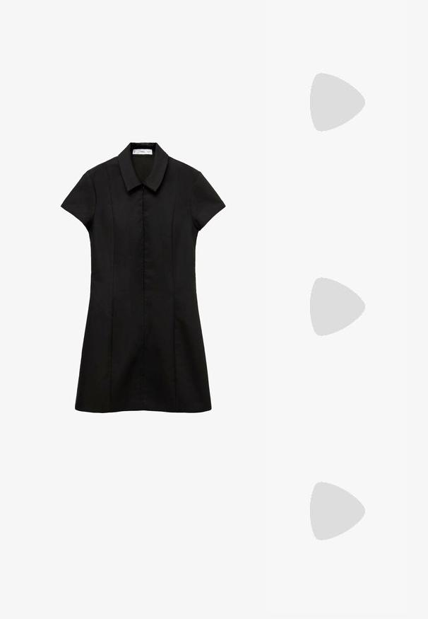 Rochie neagră cu mânecă scurtă și guler, având un corset ajustat și o fustă evazată. Fabricată dintr-un material neted, cu un design curat și minimalist.; Zign Cizme - black; Ochelari de soare negri, cu un cadru rectangular elegant și un accent cu logo auriu pe lateral. Lentile întunecate și finisaj lucios sunt proeminente.; Geantă de umăr sintetică neagră cu o siluetă curbată, finisaj texturat, logo triunghiular aurie și accente hardware detașabile.